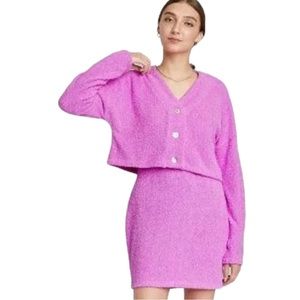 🍄 Fuzzy Cropped Cardigan NWT Wild Fable Magenta Fuschia Button Down V-Neck Lrg